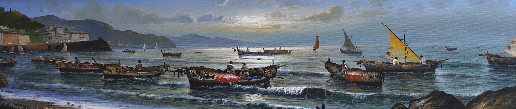 Mario Galanti (Italian, 1923-1998), oil on canvas, View along the Neapolitan coast, signed, 19 x 79cm
